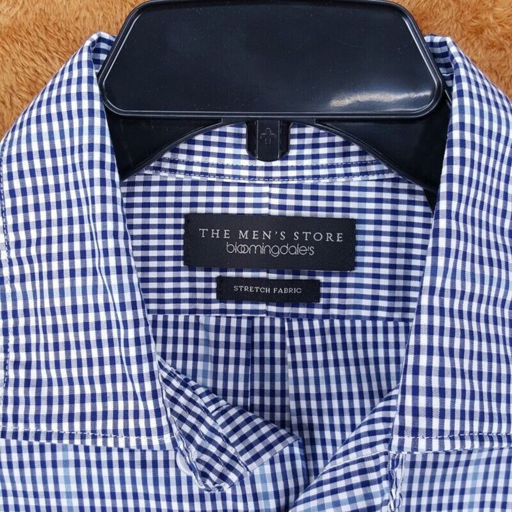 BLOOMINGDALES Mens Shirt Small Blue Plaid Button Up Gingham Cotton Workwear